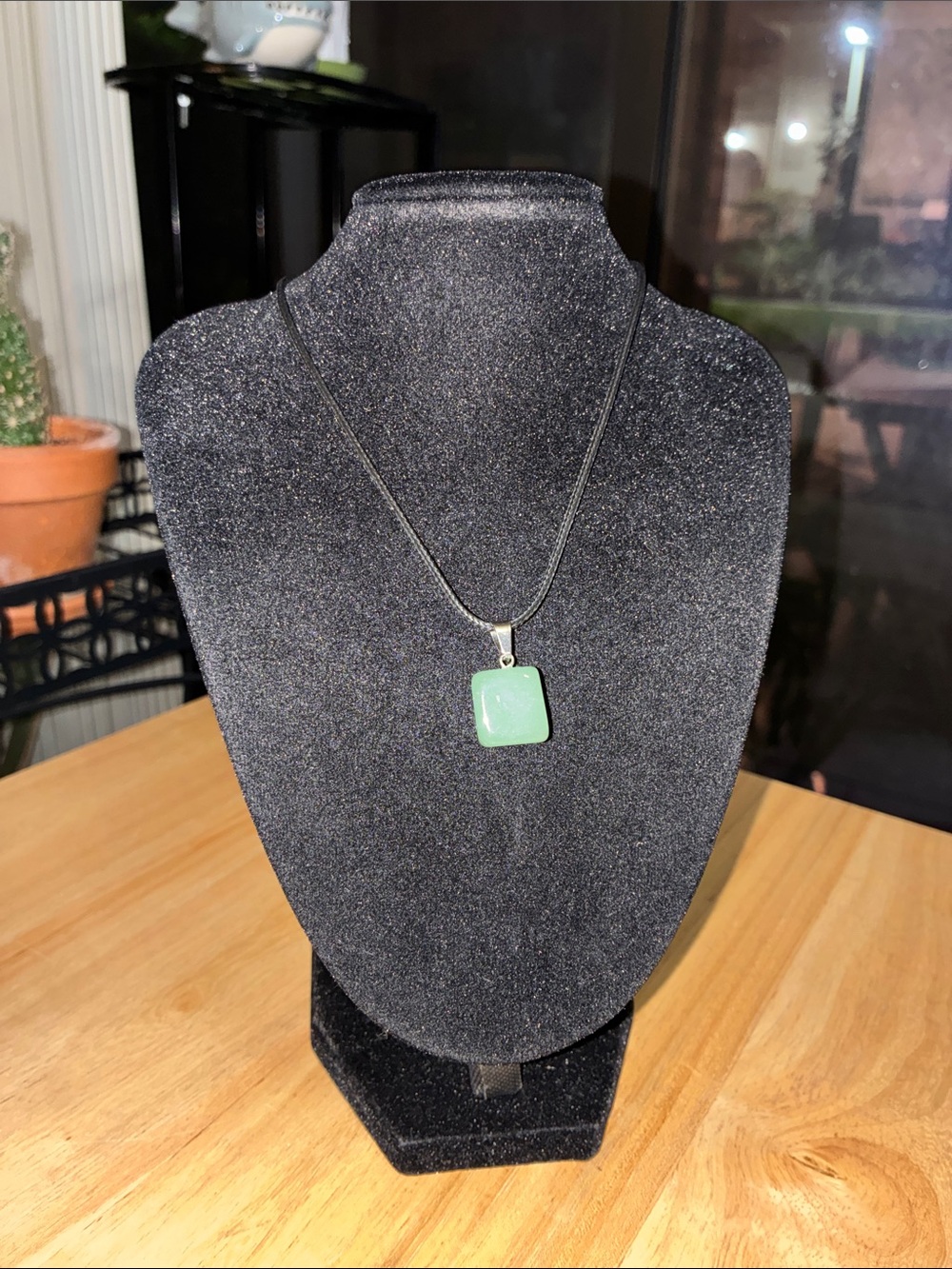 Green Square Gemstone Pendant Necklace on Black Cord